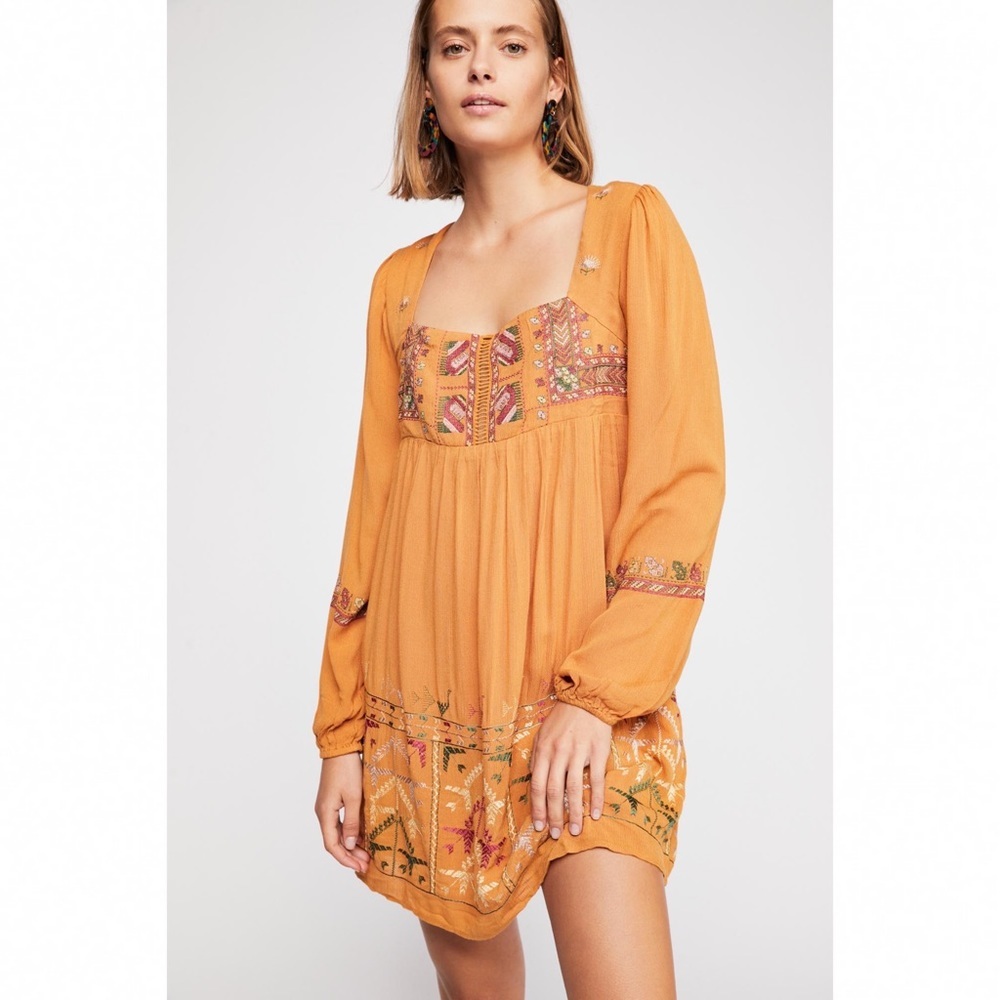 Free People / NWT Mustard Rhiannon Embroidered Boho Western Dress